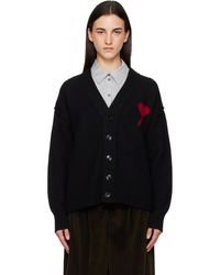 Ami Paris - Cardigan Noir En Laine À Logo Ami De Cœur - Lyst