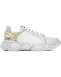 Moschino - Silver & White Logo Tape Teddy Sneakers - Lyst