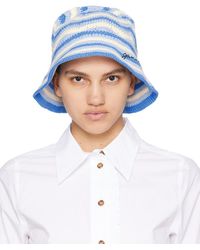 Ganni - Blue & Off-white Embroidered Bucket Hat - Lyst