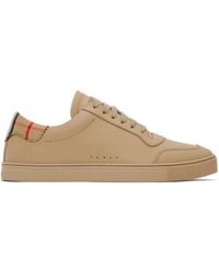 Burberry - Beige Leather & Check Cotton Sneakers - Lyst