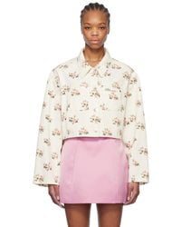 Blumarine - Floral Print Rhinestone Pin Denim Jacket - Lyst