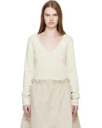 MM6 by Maison Margiela - Pull Blanc Cassé En Laine À Col En V - Lyst