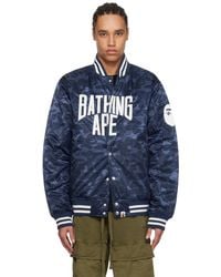A Bathing Ape - Solid Camo Nyc Logo Varsity Bomber Jacket - Lyst