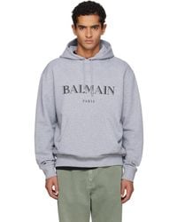 Balmain - Pull À Capuche Gris À Logo Imprimé - Lyst
