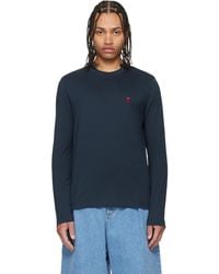 Ami Paris - T-Shirt À Manches Longues Bleu Marine En Coton À Logo Ami De Cœur - Lyst