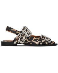 Ganni - Ballerines Et Noir En Satin À Motif Léopard Et À Boucles À Ardillons - Lyst
