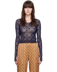 Marine Serre - T-Shirt À Manches Longues Bleu Marine En Filet À Motif Moonogram - Lyst