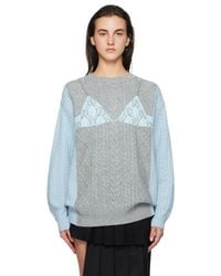 ANDERSSON BELL - Pull Boyfriend Gris Et Bleu En Tricot À Appliqués En Dentelle - Lyst
