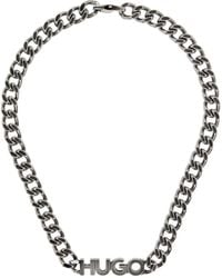 HUGO - Gunmetal Logo Plaque Necklace - Lyst