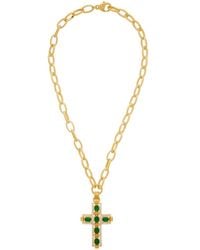 Gucci Gold And Green Cabochan Stone Cross Necklace - Metallic