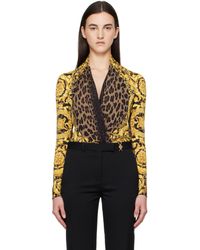 Versace - Justaucorps Drapé Noir Et Doré En Soie À Motif Wild Barocco - Lyst