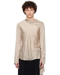 AARON ESH - Taupe Draped Neck Long Sleeve Silk Blouse - Lyst