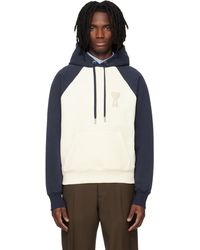 Ami Paris - Pull À Capuche Blanc Cassé Et Bleu En Coton À Logo Ami De Cœur - Lyst