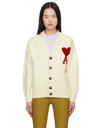 Ami Paris - Cardigan Blanc Cassé En Laine À Logo Ami De Cœur - Lyst