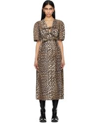 Ganni - Robe Midi Et Brun En Coton À Motif Léopard Imprimé Et À Attaches À Nouer - Lyst