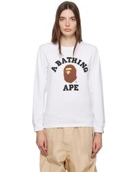 A Bathing Ape - T-shirt à manches longues blanc à logo de style collégial - Lyst