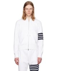 Thom Browne - Pull À Capuche Blanc En Jersey Bouclette À Quatre Rayures Et À Glissière - Lyst