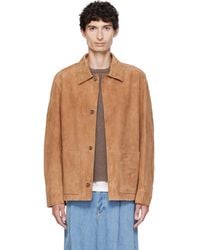 BOSS - Tan Button-Up Suede Checkered Lining Leather Jacket - Lyst