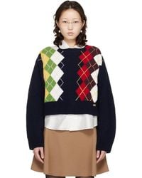Ganni - Pull Bleu Marine En Tricot De Laine Mélangée À Motif Argyle - Lyst