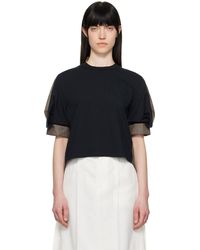 Sacai - T-Shirt Bleu Marine Et Brun En Organza Filé Et En Jersey De Coton - Lyst