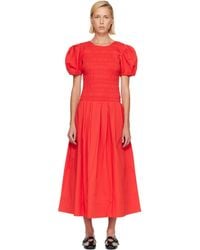 Ganni - Smocked Cotton Midi Dress - Lyst