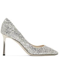 Jimmy Choo Silver Glitter Romy 85 Heels - Metallic