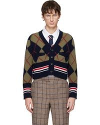 Thom Browne - Khaki & Merino Argyle Intarsia V Neck Cardigan - Lyst