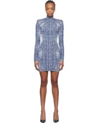 Balmain - Robe Courte Bleue En Motif De Denim Trompe L'Œil En Jacquard - Lyst