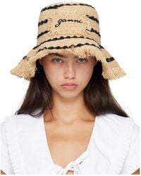 Ganni - Tan Striped Raffia Bucket Hat - Lyst