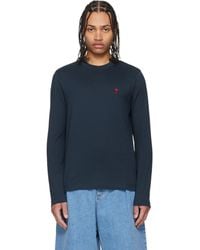 Ami Paris - T-Shirt À Manches Longues Bleu Marine En Coton À Logo Ami De Cœur - Lyst
