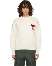 Ami Paris - Pull Blanc Cassé En Laine À Col Ras Du Cou Et À Logo Ami De Cœur - Lyst