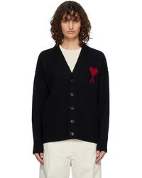 Ami Paris - Cardigan Noir En Laine À Logo Ami De Cœur - Lyst