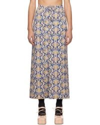 Ganni - Jupe longue bleu et jaune en denim à motif peau de serpent imprimé - Lyst