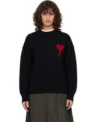 Ami Paris - Pull Noir En Laine À Col Ras Du Cou Et À Logo Ami De Cœur - Lyst