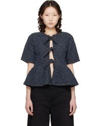 Ganni - Tweed Denim Peplum Blouse - Lyst