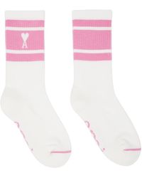 Ami Paris - White & Pink Ami De Cœur Striped Socks - Lyst