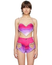 Area - Cropped Embellished Ombre Denim Top - Lyst