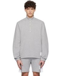 Thom Browne - Pull Molletonné Gris En Jersey Bouclette À Demi-Glissière Et À Quatre Rayures - Lyst