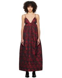 Ganni - Robe longue noir et rouge à motif fleuri en tissu jacquard - Lyst