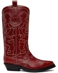 Ganni - Red Mid Shaft Embroidered Western Boots - Lyst
