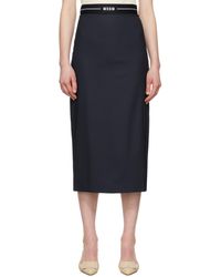 MSGM - Jupe Midi Bleu Marine En Laine Vierge - Lyst