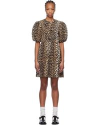 Ganni - ブラウン レオパード プリント コットン タイストリング ミニワンピース - Lyst
