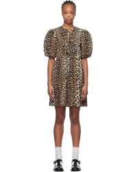 Ganni - Robe Courte Brune En Coton À Motif Léopard Imprimé Et À Attaches - Lyst