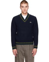 Lacoste - Striped Wool V-Neck Sweater - Lyst