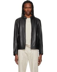 BOSS - Logo Trim Grained Leather Jacket - Lyst
