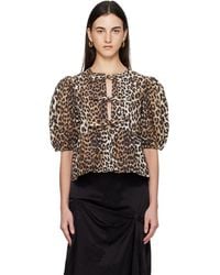 Ganni - Tan Leopard Cotton Poplin Peplum Tie Blouse - Lyst
