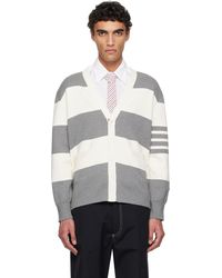Thom Browne - Cardigan De Rugby Gris Et Blanc Cassé En Point De Milan À Col En V Et À Rayures - Lyst