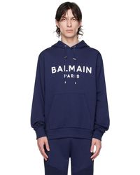 Balmain - Pull à capuche bleu marine à logo imprimé - Lyst