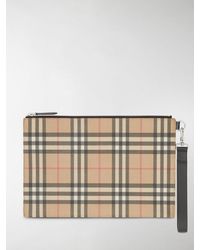 Burberry Vintage Check E-canvas And Leather Zip Pouch - Brown