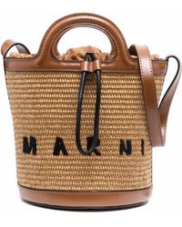 Marni Logo-embroidered Raffia Bucket Bag - Brown
